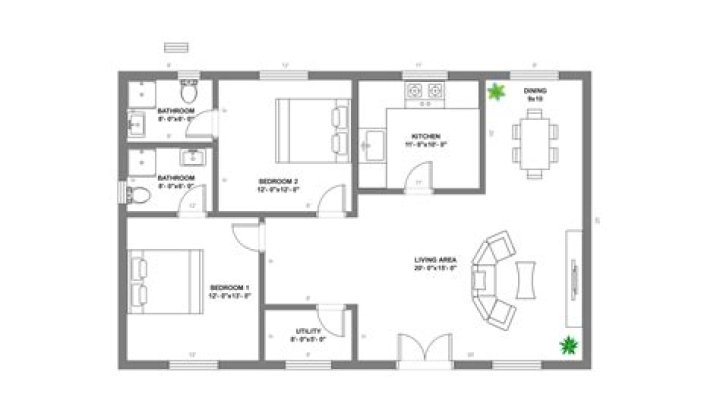 950 sq ft 2-Bedroom House Plans PDF – Download Full Blueprint