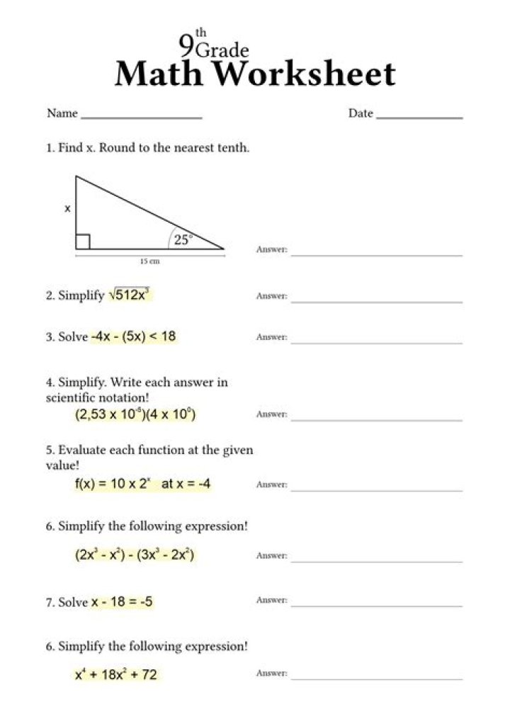 9th Grade Math Worksheets PDF – Free Downloadable Practice Files