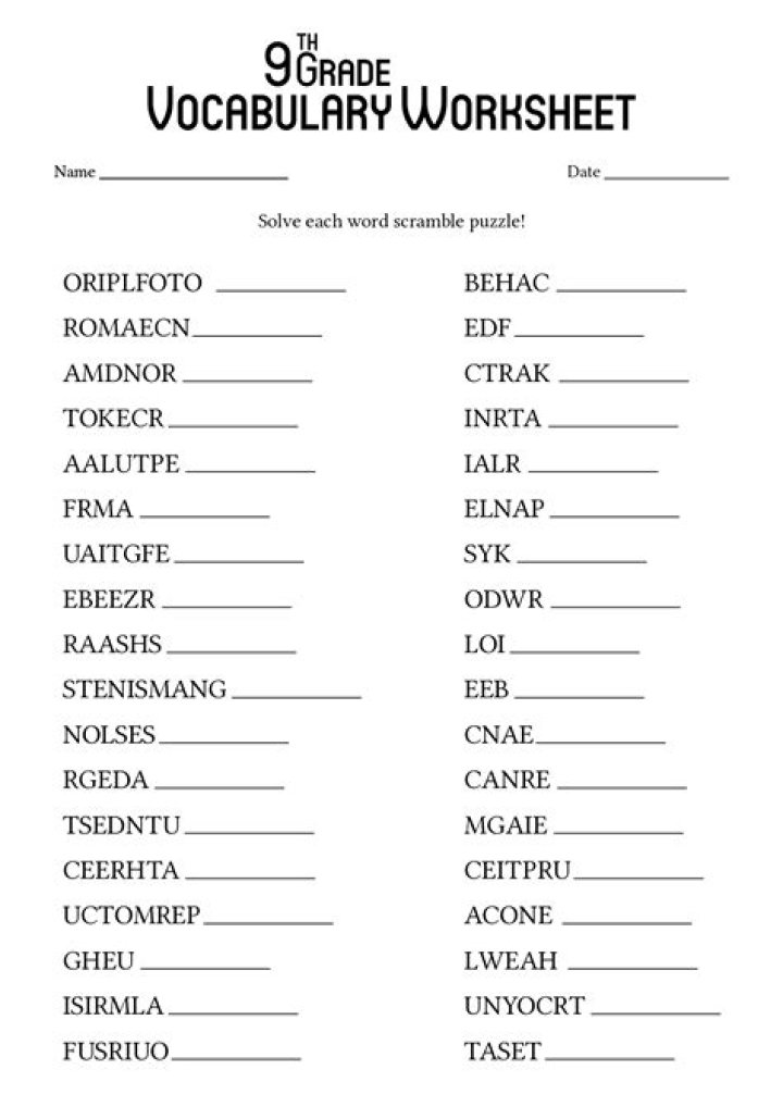 Free 9th Grade Vocabulary Worksheets PDF for 9th Graders