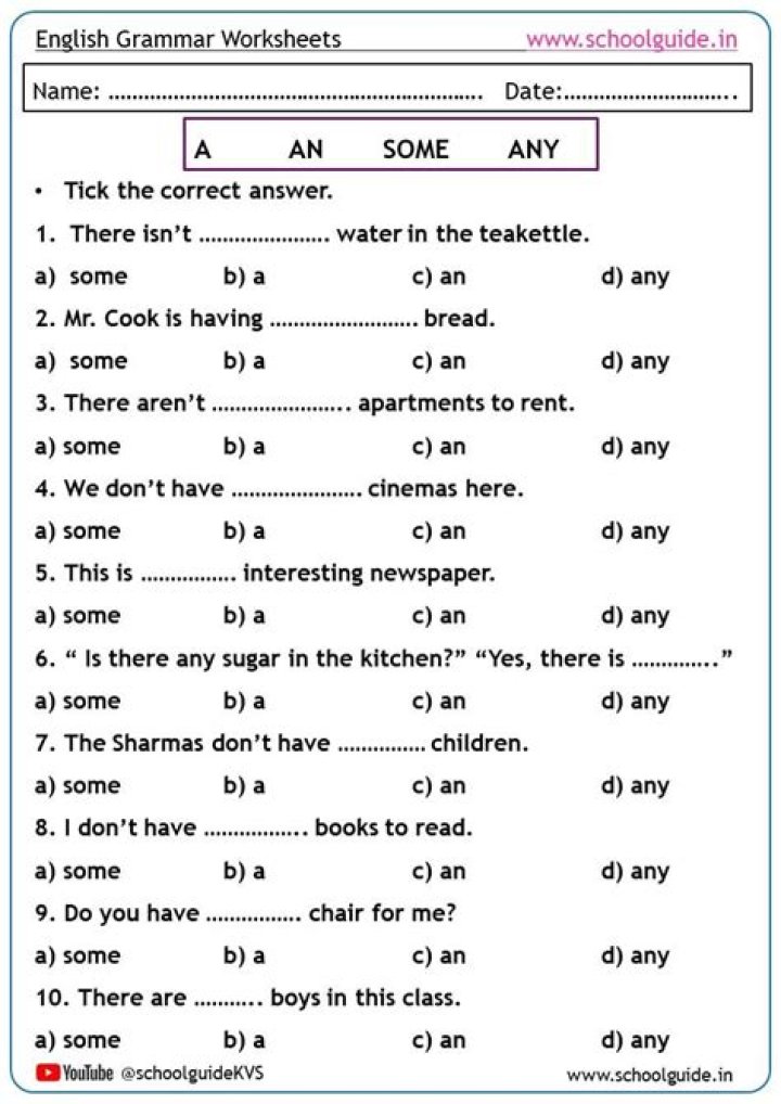 Free A, An, Some & Any Test PDF for Accurate Practice