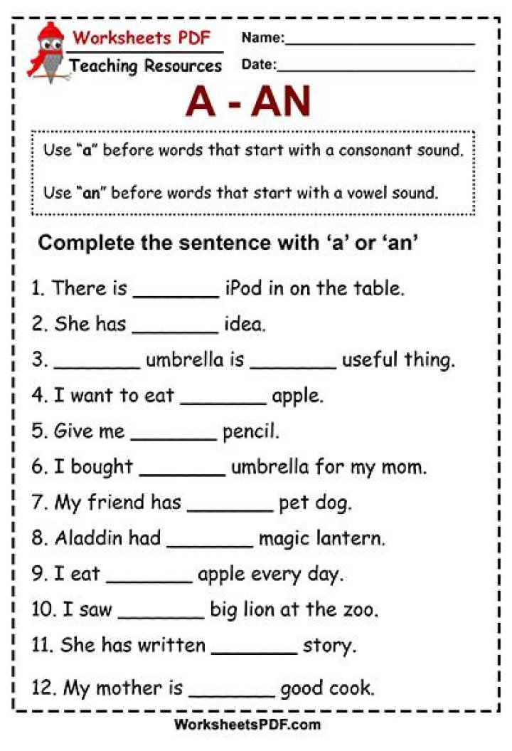 Free A and An Worksheets PDF – Perfect for Grammar Practice