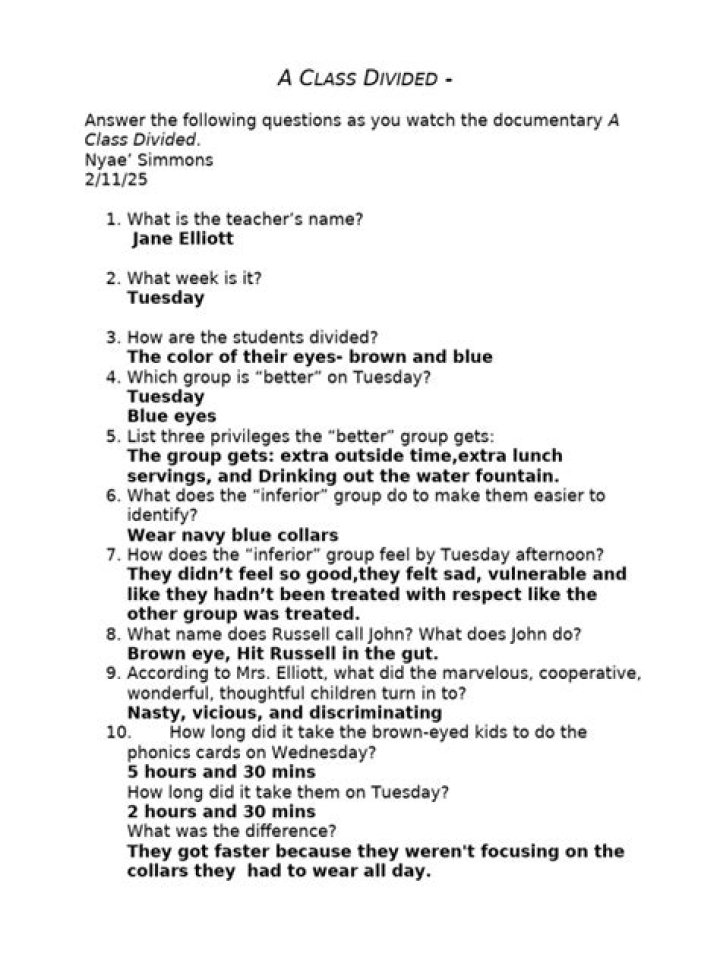 A Class Divided: Guided Questions PDF for Classroom Reflection