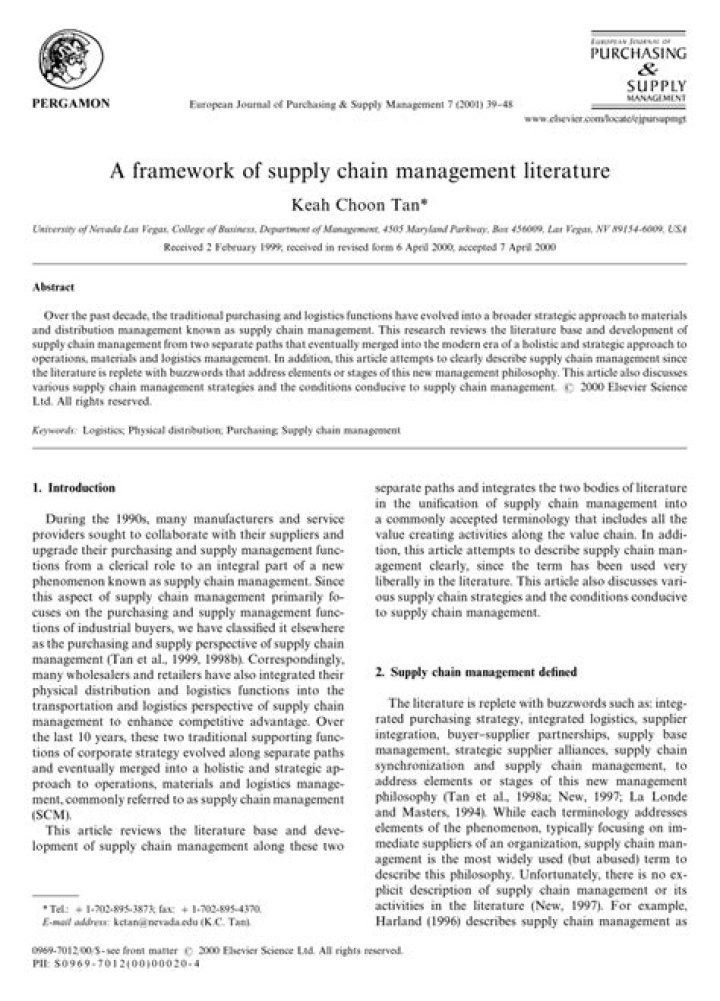 Comprehensive Framework of Supply Chain Management Literature PDF