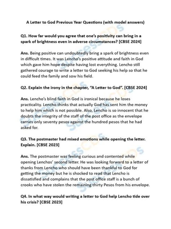 A Letter to God Previous Year Questions PDF Chapter 1: Study Guide