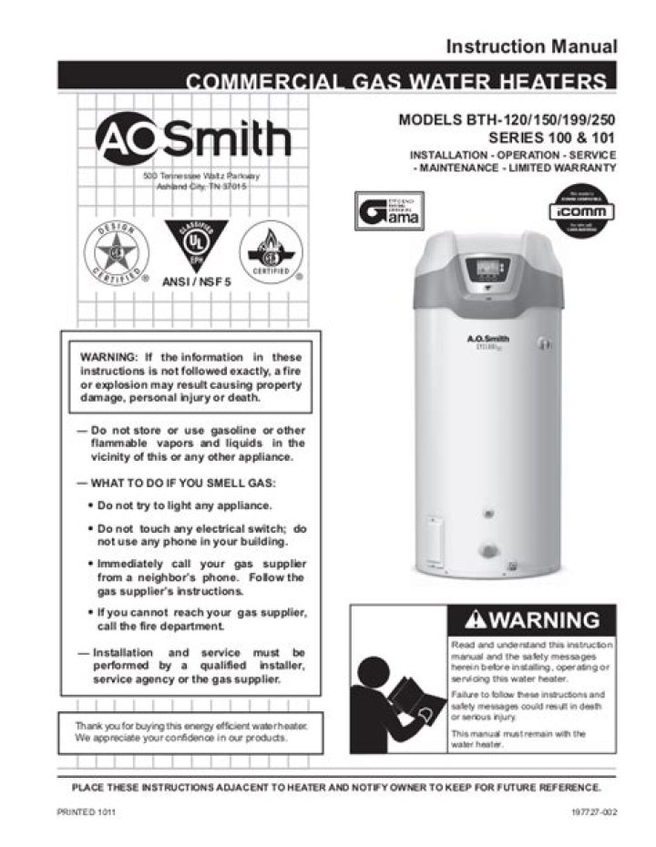 A.O. Smith BTH-199 Spec Sheet PDF – Complete Technical Data
