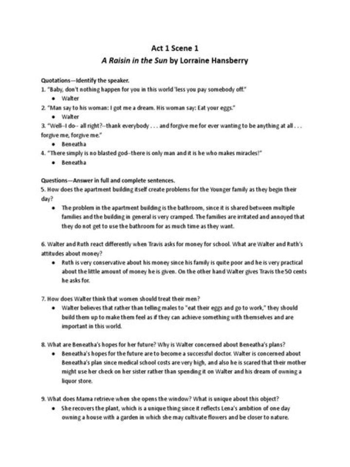 A Raisin in the Sun Act 1 Study Guide: Key Questions & Analysis PDF