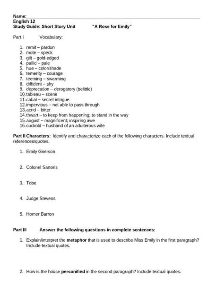 A Rose for Emily Study Guide Answers PDF: Complete Analysis