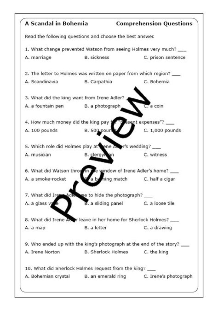 Understanding the Scandal in Bohemia: Comprehension Questions & PDF Guide