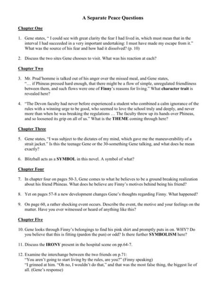 A Separate Peace PDF Study Guide with Questions