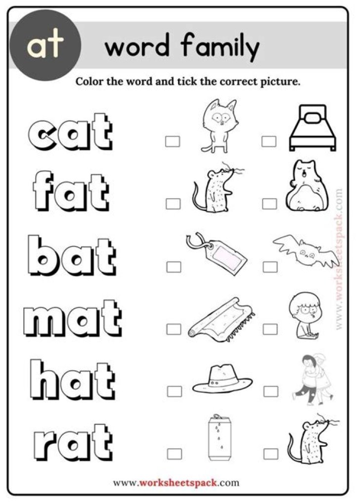 Free A-T Word Family Worksheets PDF for Kids