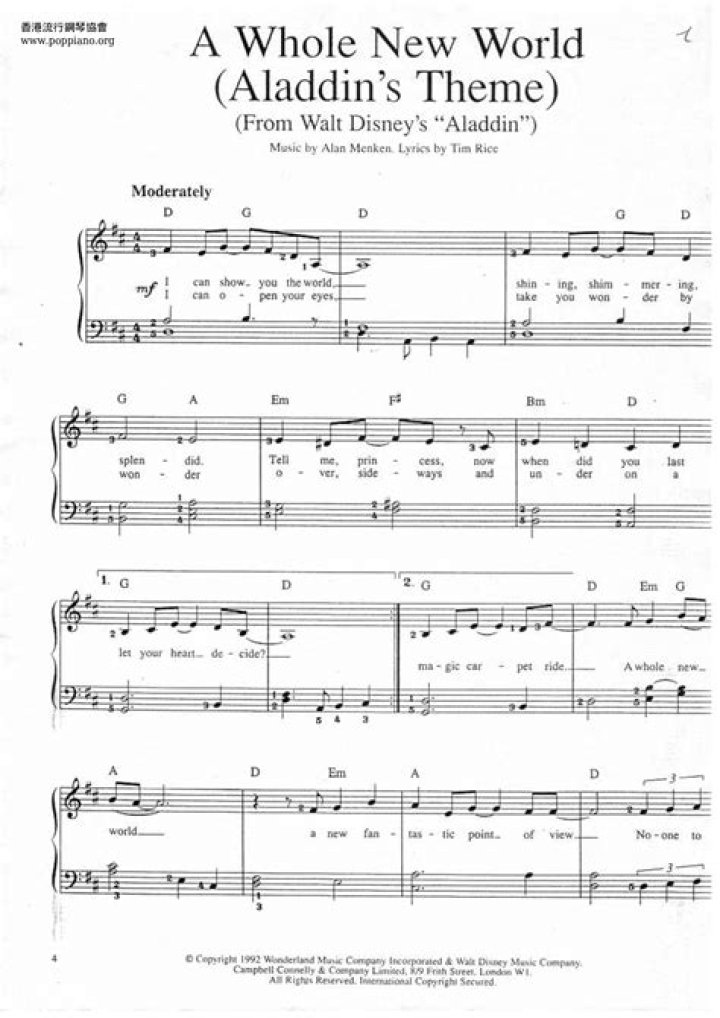 Free Whole New World Piano Sheet Music PDF – Instant Download