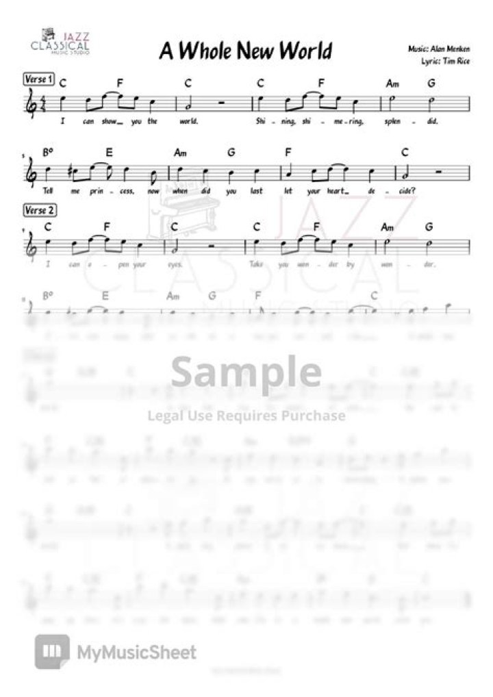 Download Free 'A Whole New World' Piano Sheet PDF Now