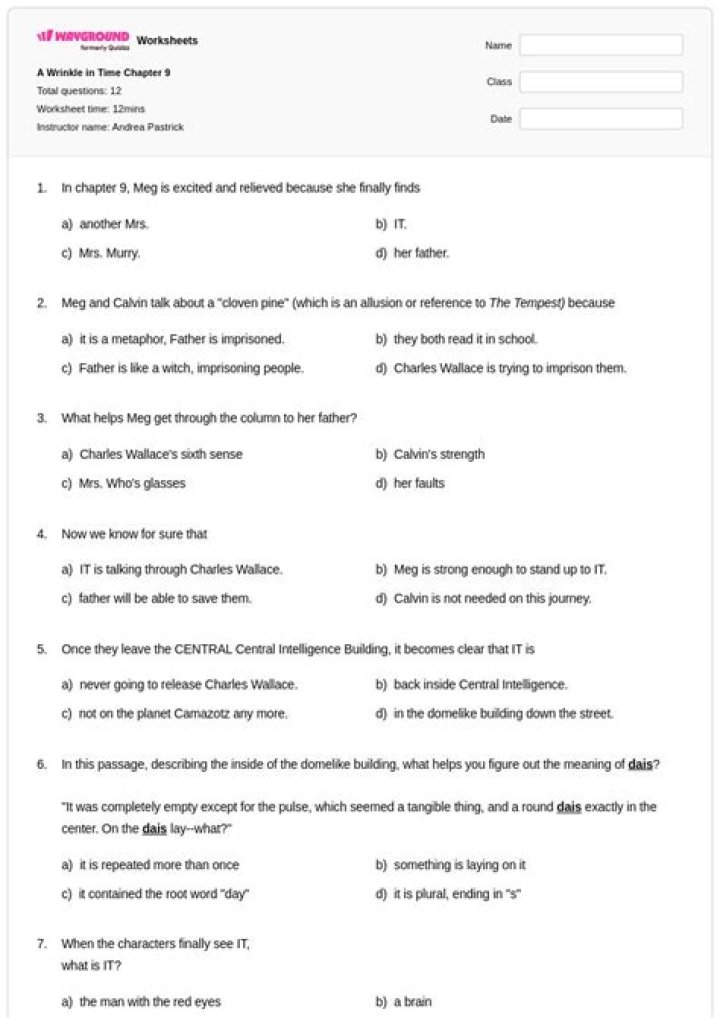 A Wrinkle in Time Chapter 9 Questions & Answers PDF Guide