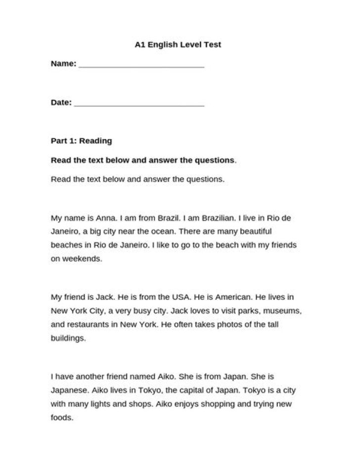 A1 English Level Test PDF: Free Practice Exam