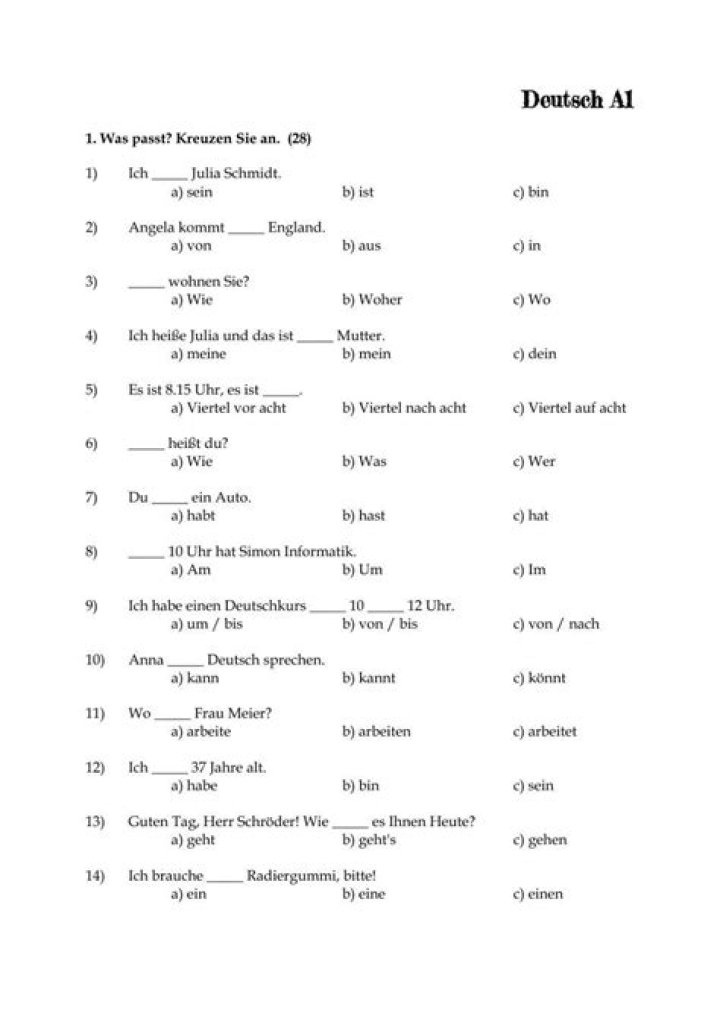 A1 German Worksheets PDF – Free Downloadable Learning Materials