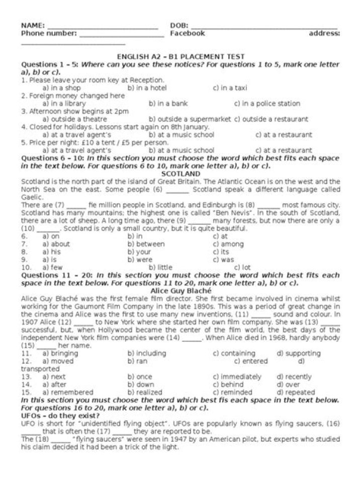 A2 B1 Placement Test PDF – Instant Results & Free Practice Exam