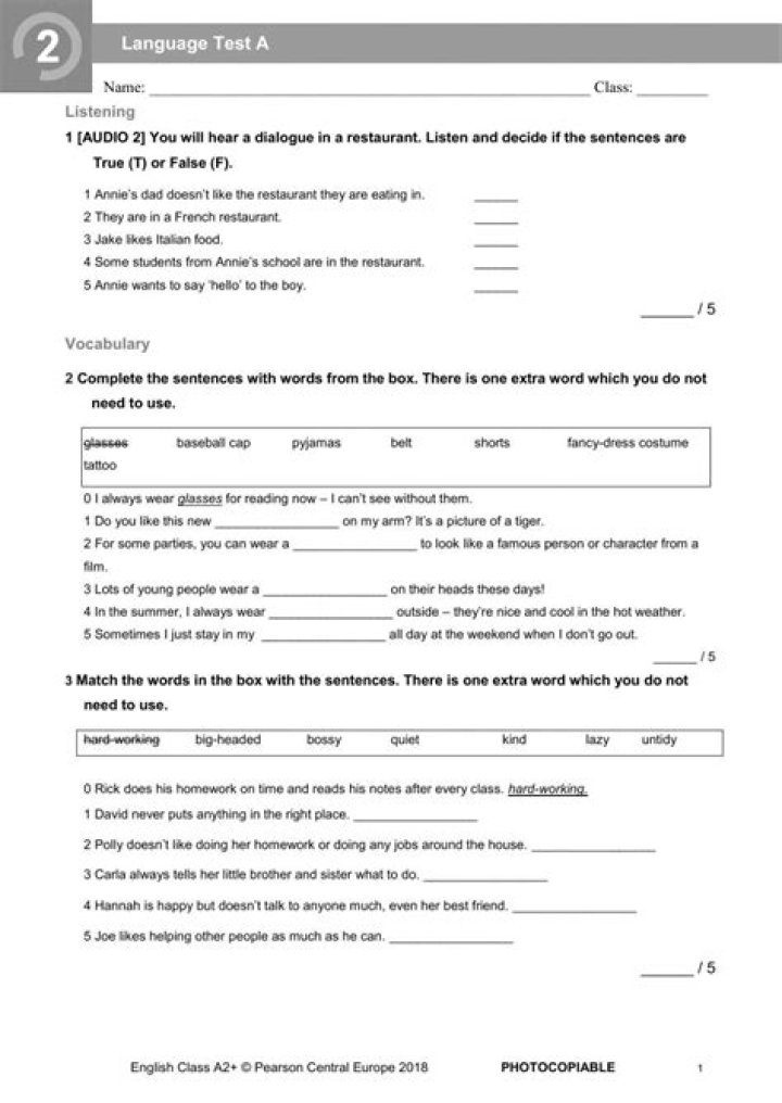 A2 English Test Questions & Answers PDF Free Download