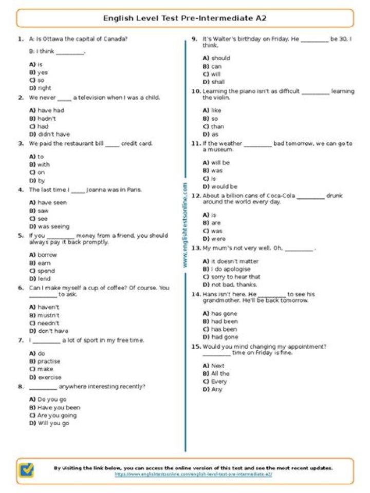 A2 Ingilizce Test PDF Download – Perfect for Exam Practice