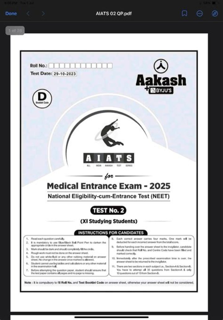 Aakash Final Test Series for NEET 2023 PDF – Download Now