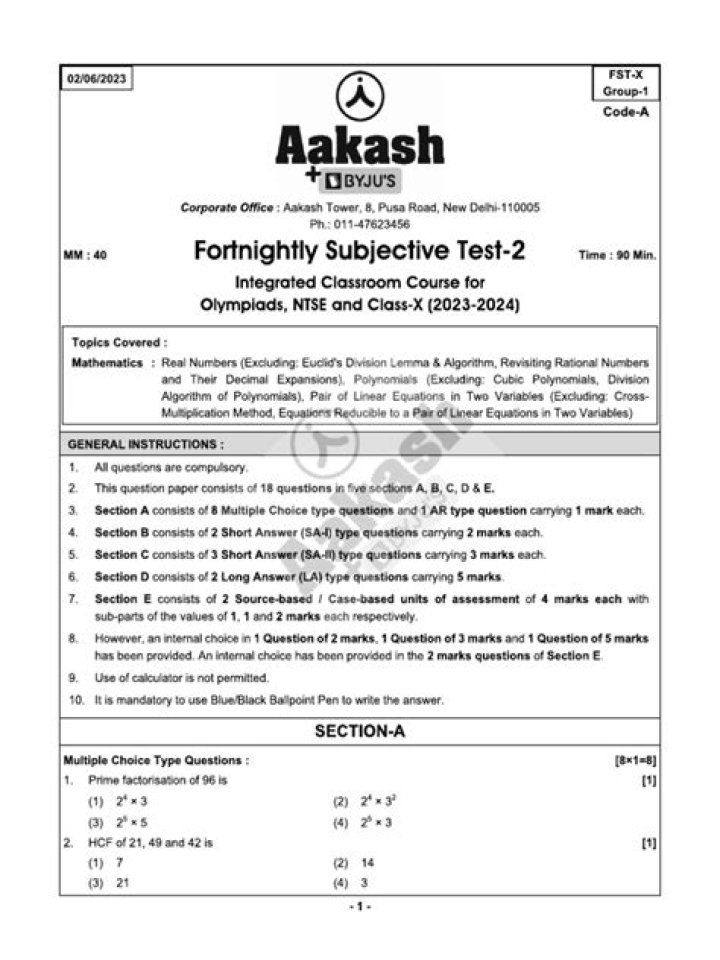 Aakash Fortnightly Test Papers PDF for Jee – Weekly Practice