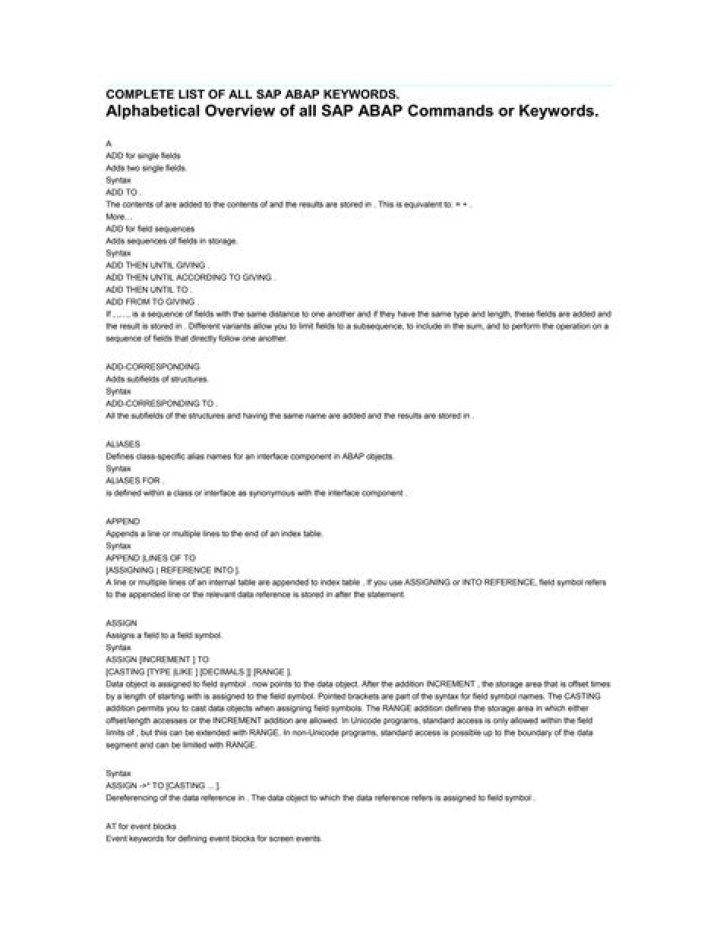 ABAP Keyword List PDF: Essential Reference for Developers