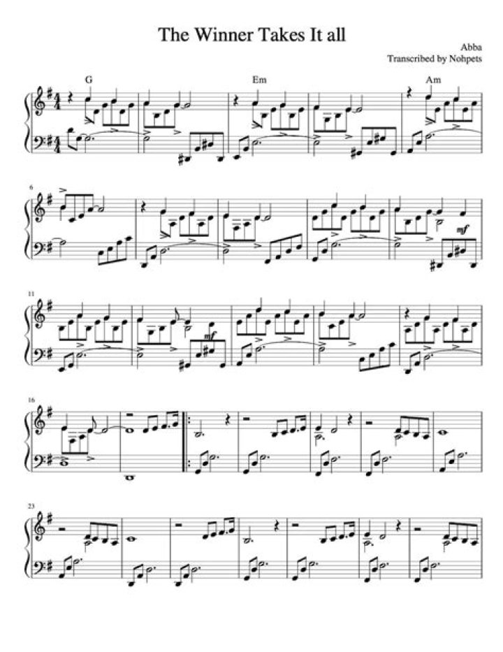 ABBA The Winner Takes It All Piano Sheet Music PDF Download