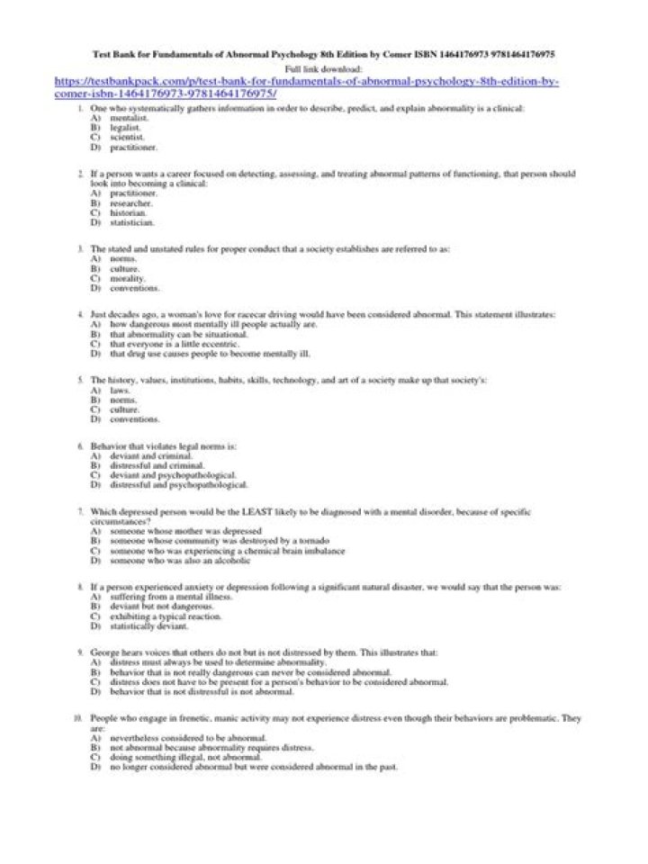 Abnormal Psychology Test Bank PDF: Expert Exam Prep & Assessment Tool