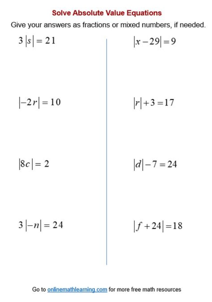 Absolute Value Equations Test PDF – Practice & Solutions