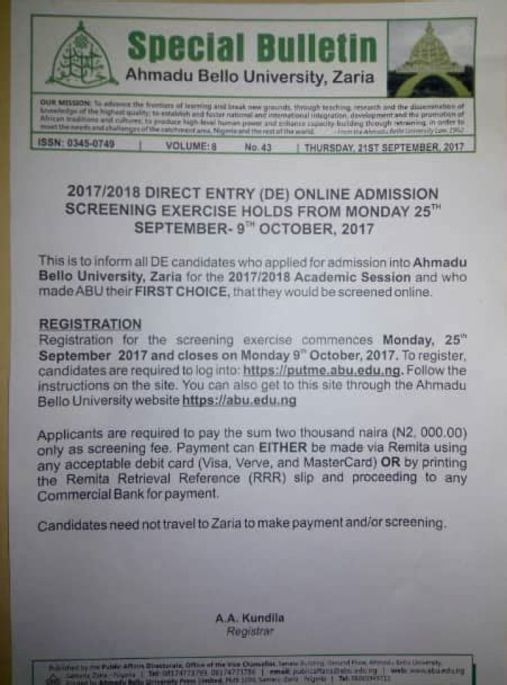 Abu Zaria 2018 Admission List PDF Download
