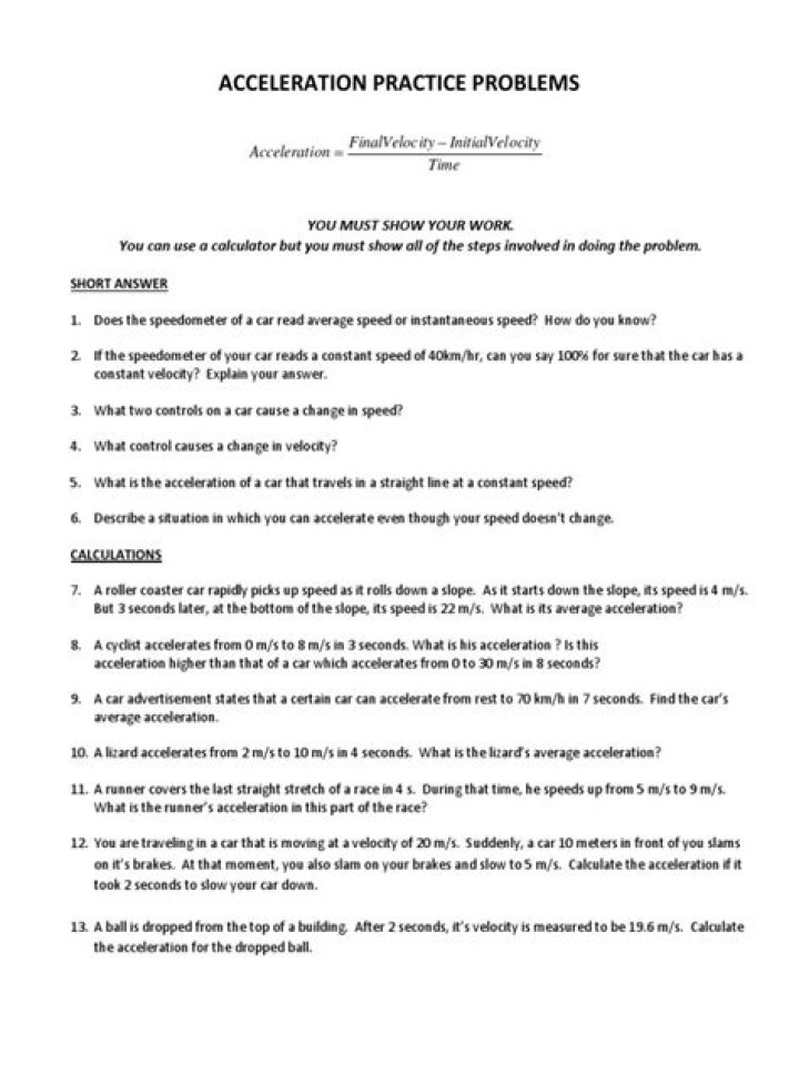 Acceleration Problems Worksheet & Answers PDF with Step-by-Step Solutions
