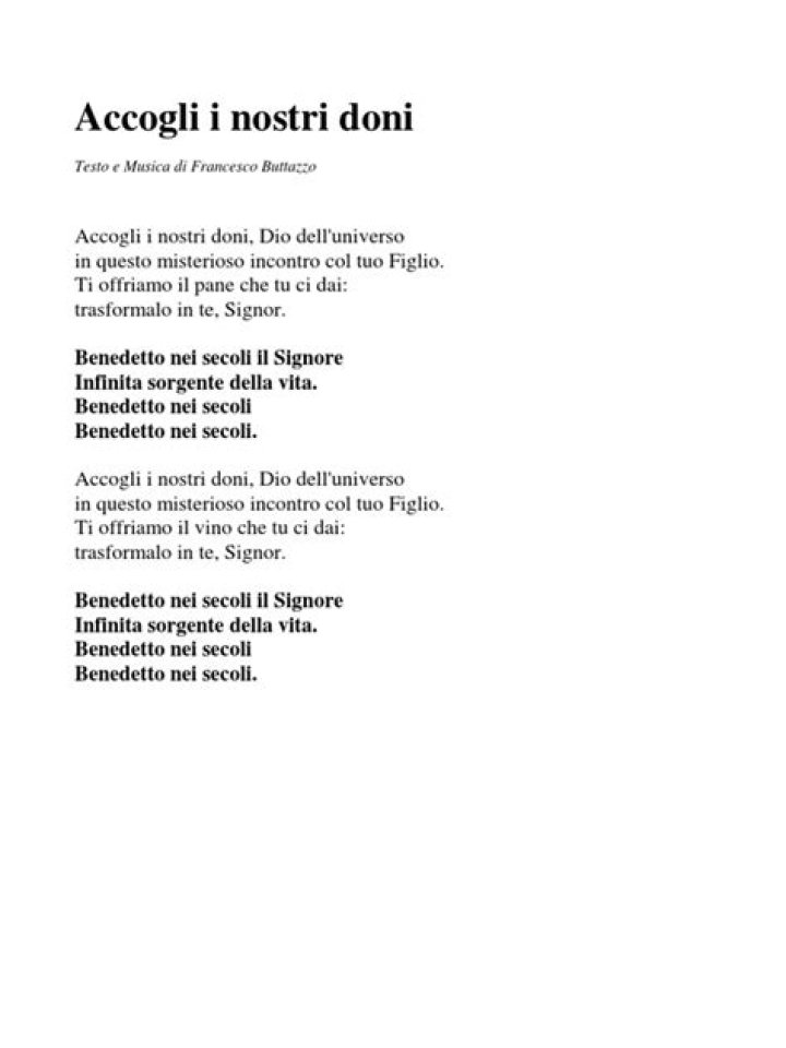 Accogli Signore: I Nostri Doni Testo PDF Gratuiti