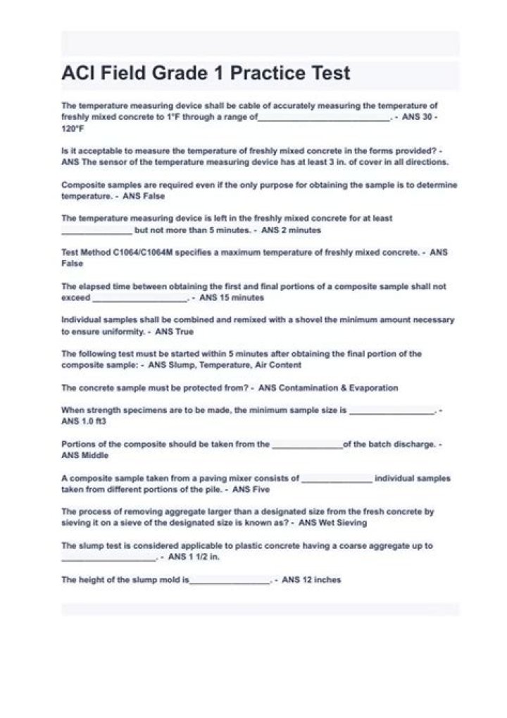 ACI Field Technician Grade 1 Practice Test PDF Free Download