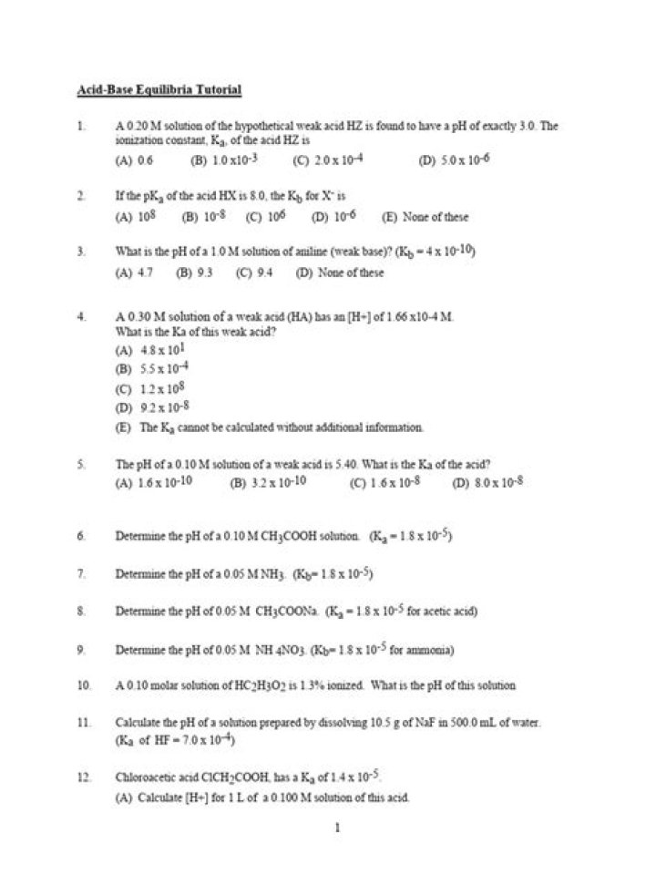 Acid Base Equilibria Questions & Answers PDF Guide