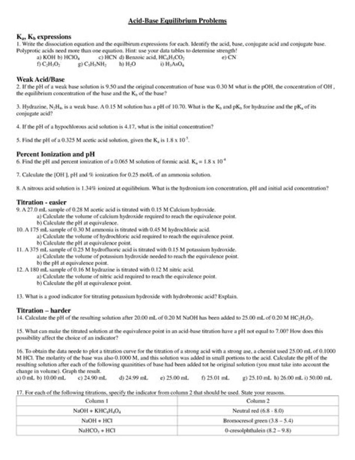 Acid-Base Equilibrium Practice Problems with Answers PDF