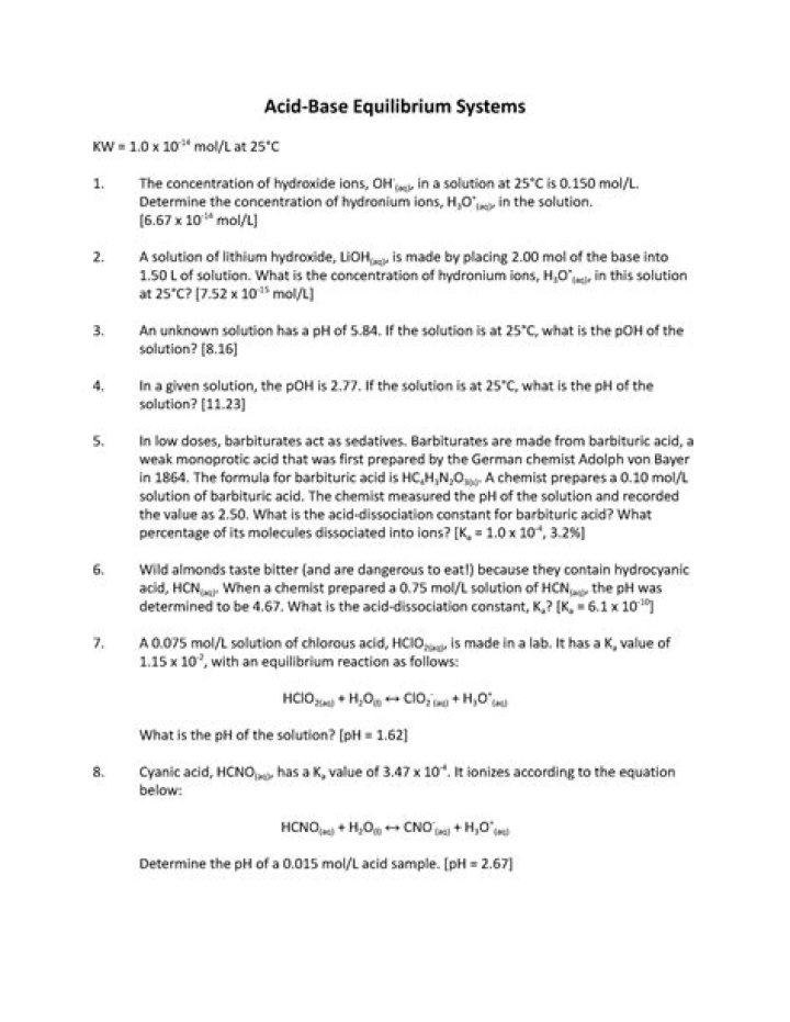 Acid Base Equilibrium Worksheet with Answers PDF – Download Now
