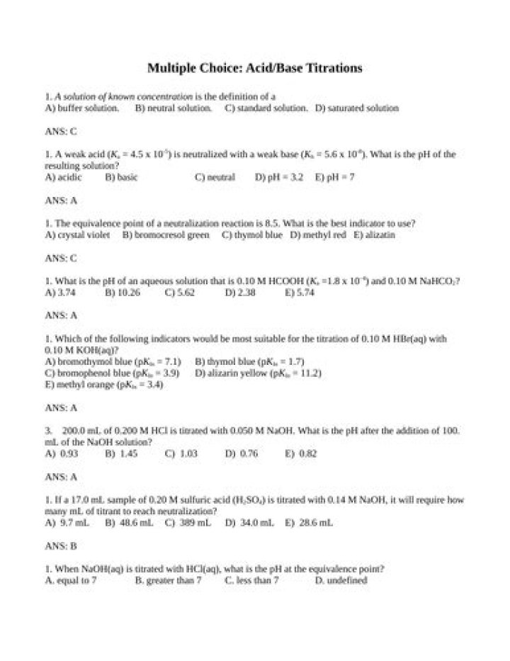 Acid Base Titration Multiple Choice Questions PDF – Practice Tests