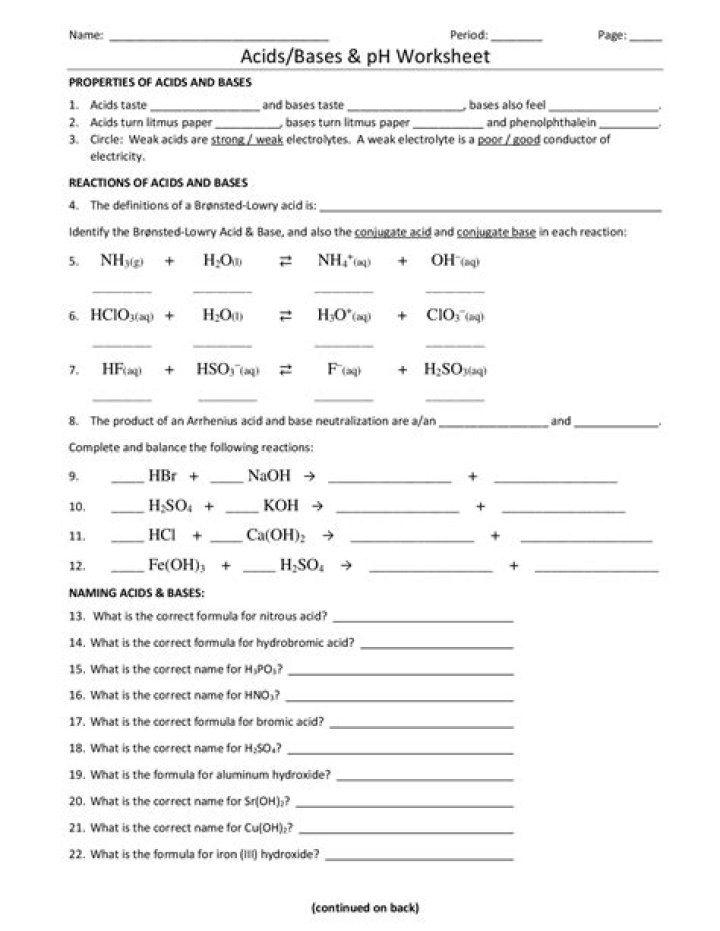 Free Acid Reactions Worksheet PDF for Students & Teachers