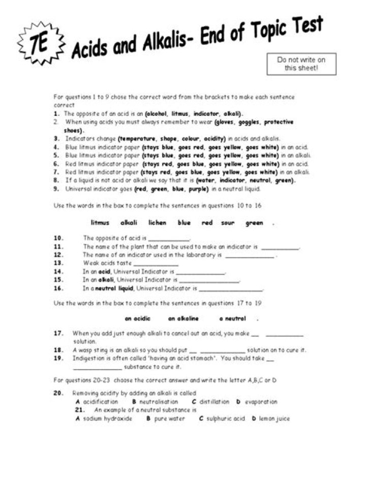 Acids and Alkalis Test Paper Year 7 PDF – Practice & Answers