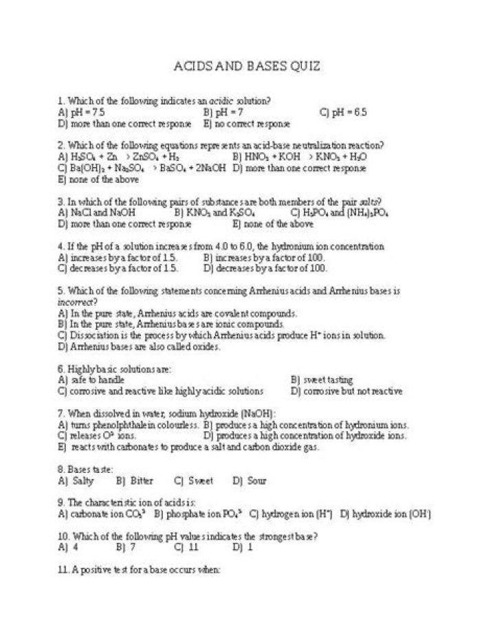 Acids and Bases MCS Multiple Choice Questions & Answers PDF