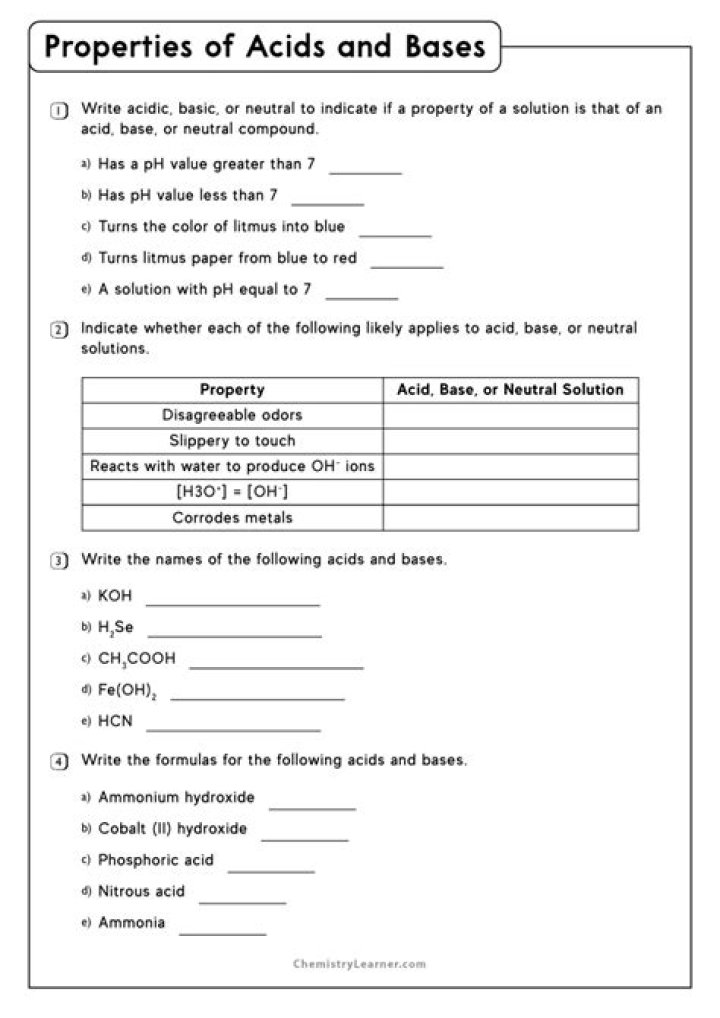 Acids and Bases PDF Worksheet for Classroom Use