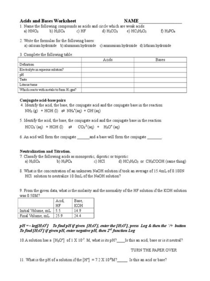 Acids Bases & pH Worksheet Answer Key PDF with Explanations