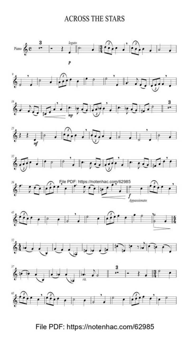 Free Piano Sheet Music Across the Stars PDF Download