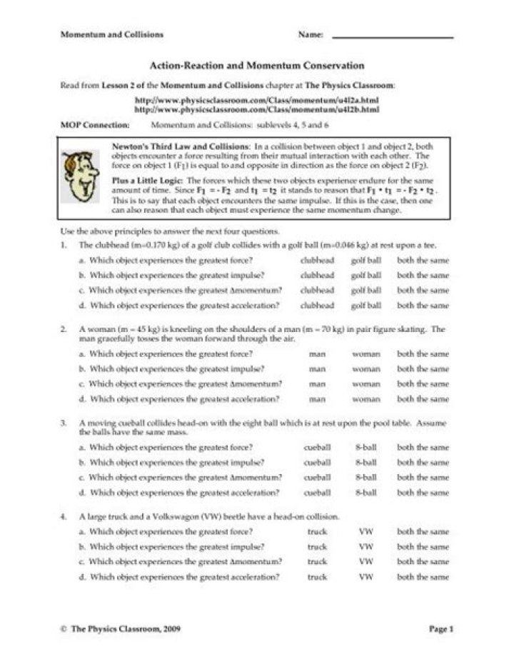 Action Reaction & Momentum Conservation Answer Key PDF