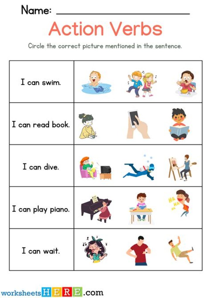 Free Action Words Worksheet for Kindergarten PDF