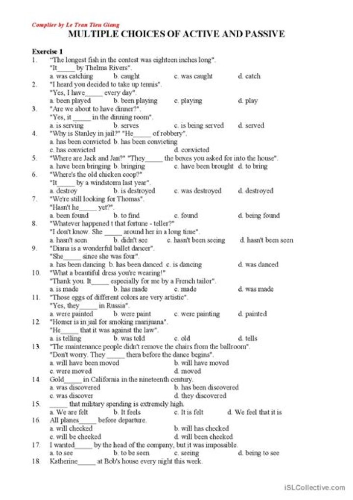 Active and Passive Voice Multiple Choice Exercises with Answers PDF