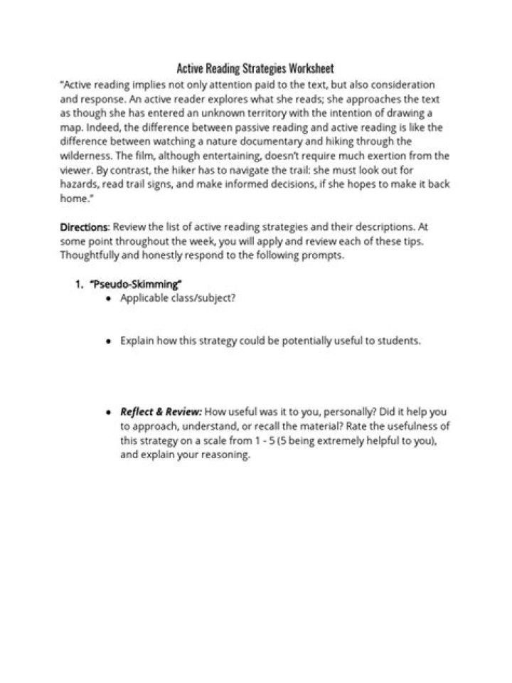 Active Reading Strategies Worksheet PDF for Improved Comprehension