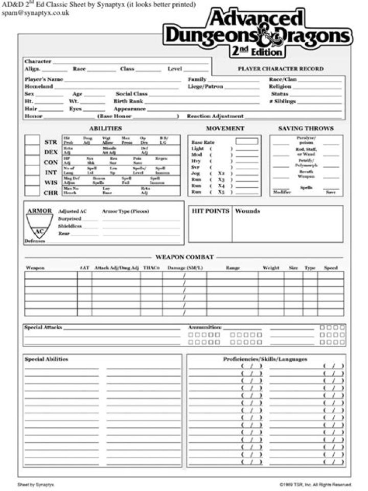 AD&D 2nd Edition Character Sheet PDF – Free Download