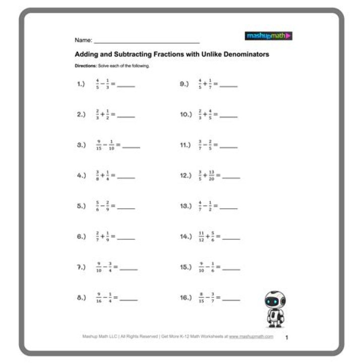 Free PDF Worksheet: Add and Subtract Fractions with Like Denominators