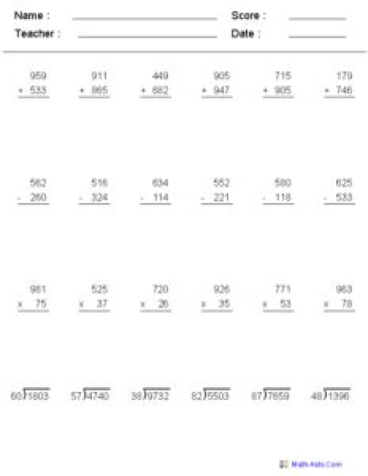 Free Printable Add, Subtract, Multiply, Divide Decimals Worksheet PDF