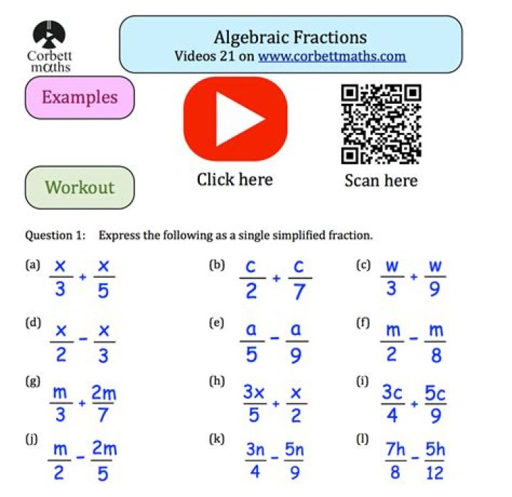 Free PDF Worksheets: Adding & Subtracting Algebraic Fractions